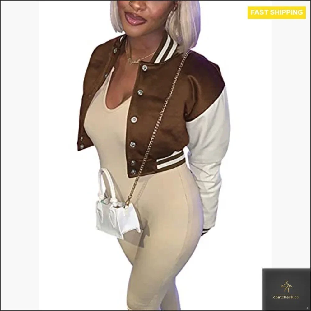 Vintage Baseball Jacket Button Down Fleece Bomber Crop Jacket Loose Fit